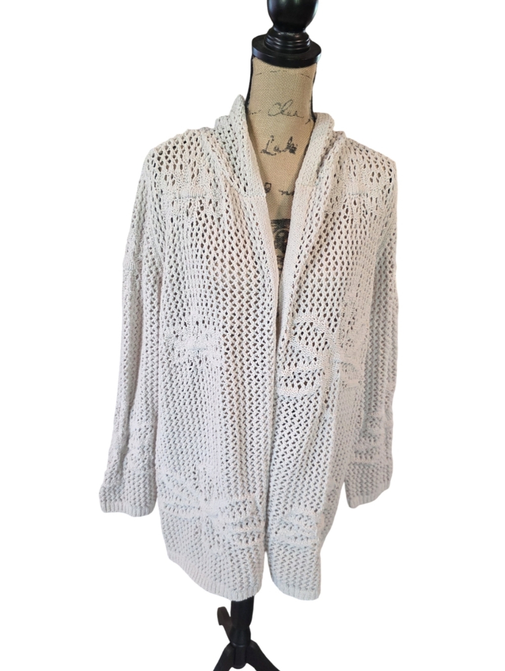 Artelier Nicole Miller Open-Front Cream Crochet Floral Chunky Sweater Cardigan